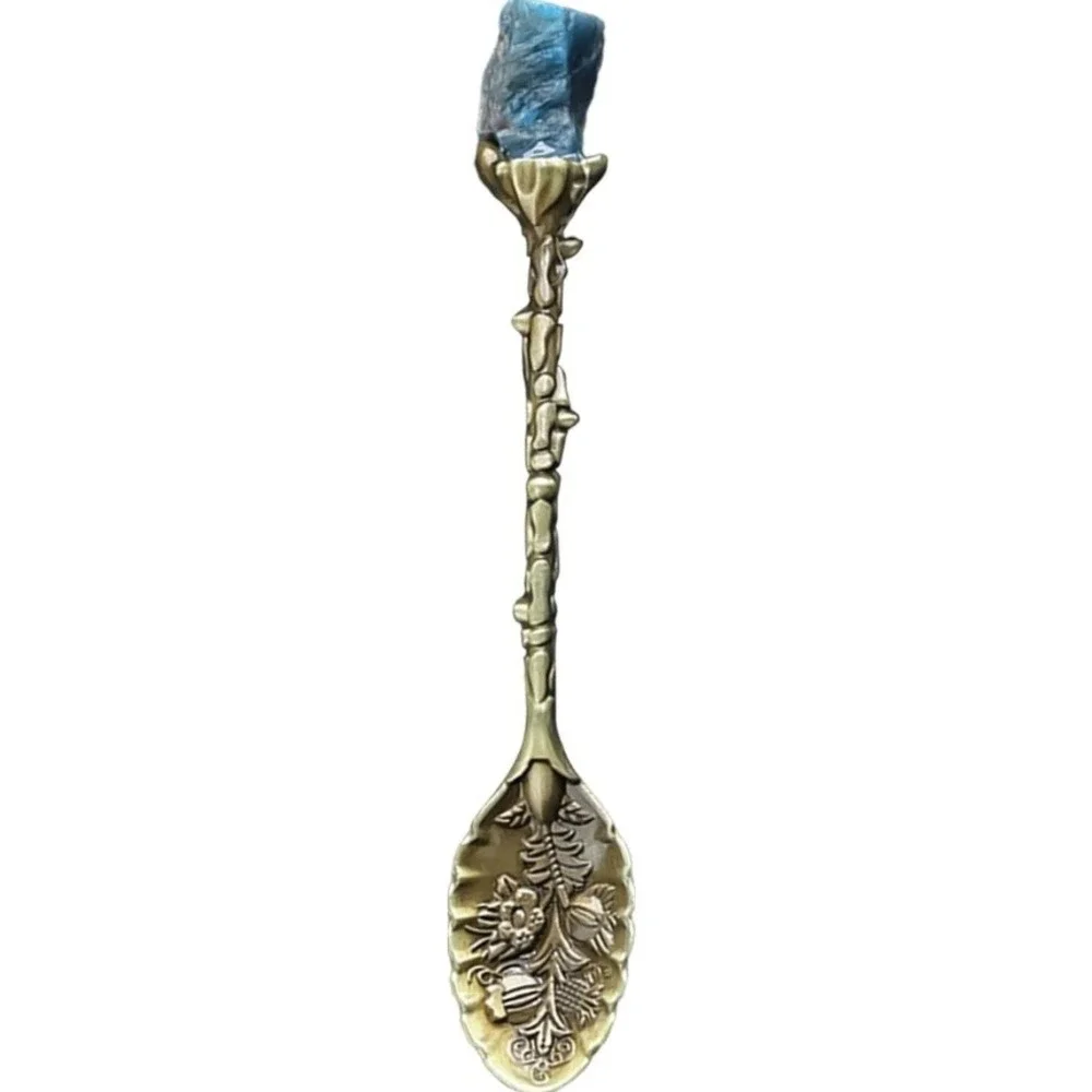 Vintage Crystal Stone Spoon Bronze Floral Tea Spoon with Twig Handle NIB